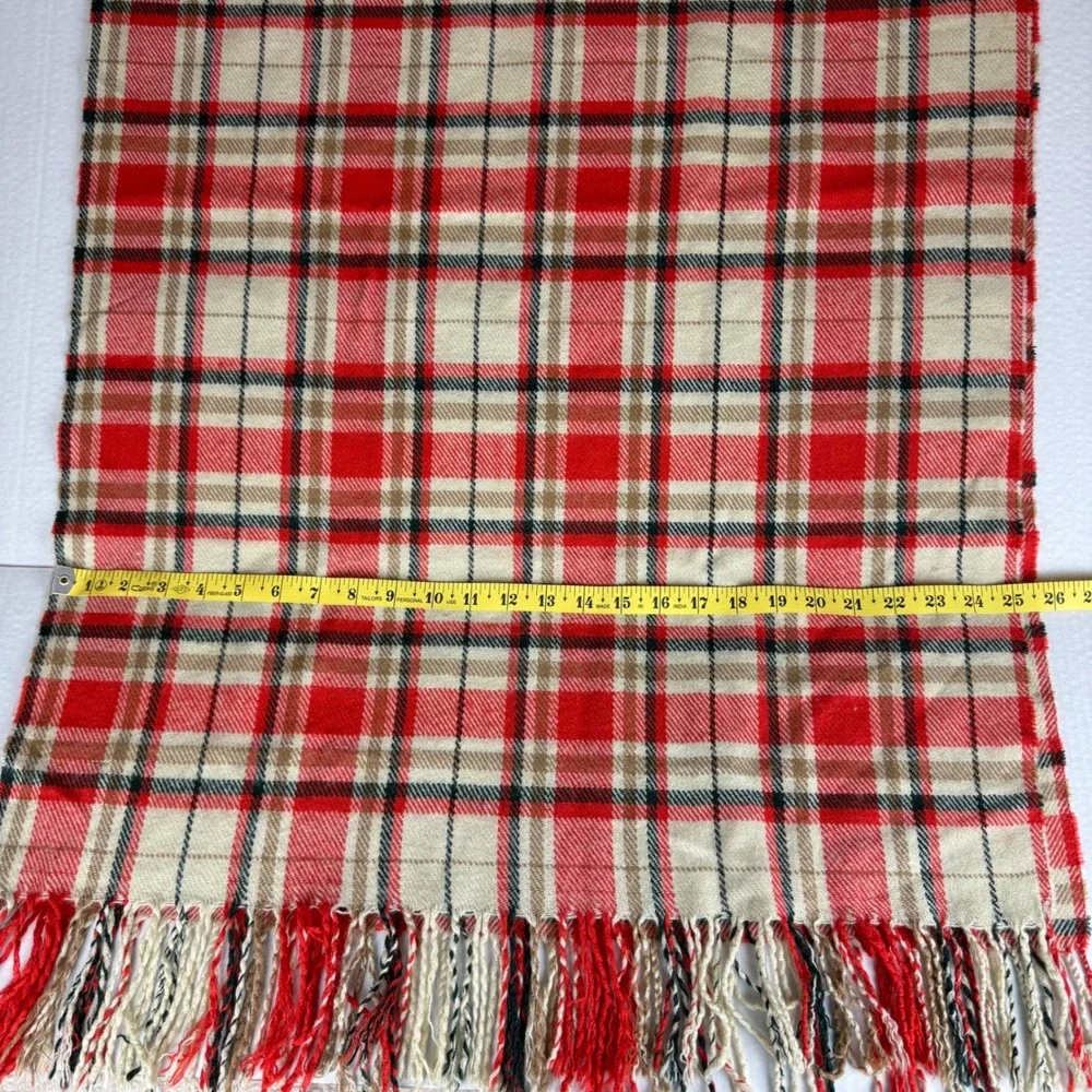 J. Crew Plaid Scarf‎ Orange Cream Green Fringe 25 x 70 Preppy